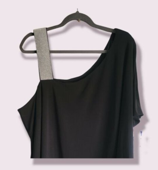 R & M Richards Plus Size Rhinestone-Trim One-Shoulder Dress Asymmetrical Drape - Picture 10 of 12